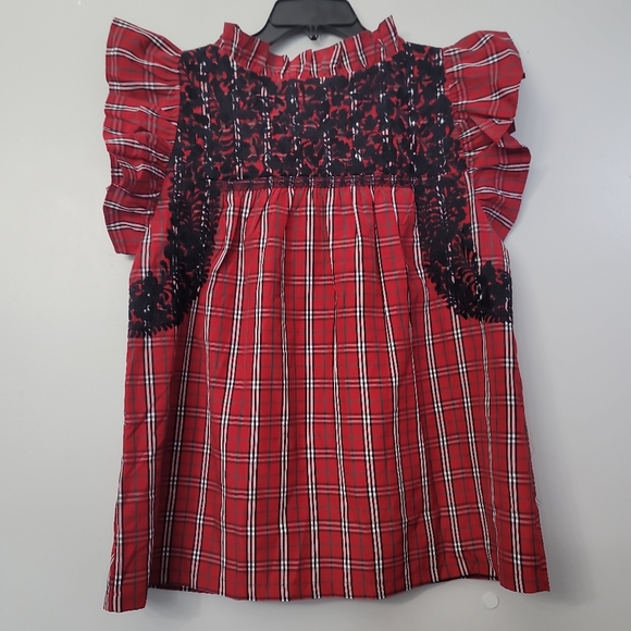 J.Marie Rayna Embroidered Plaid Cap Sleeve Ruffle Neck Top - Picture 7 of 13